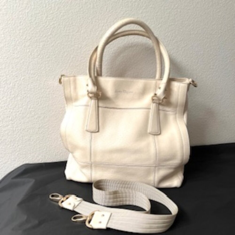 Salvatore Ferragamo Leather Shoulder Bag, Ivory Color, Made in Italy